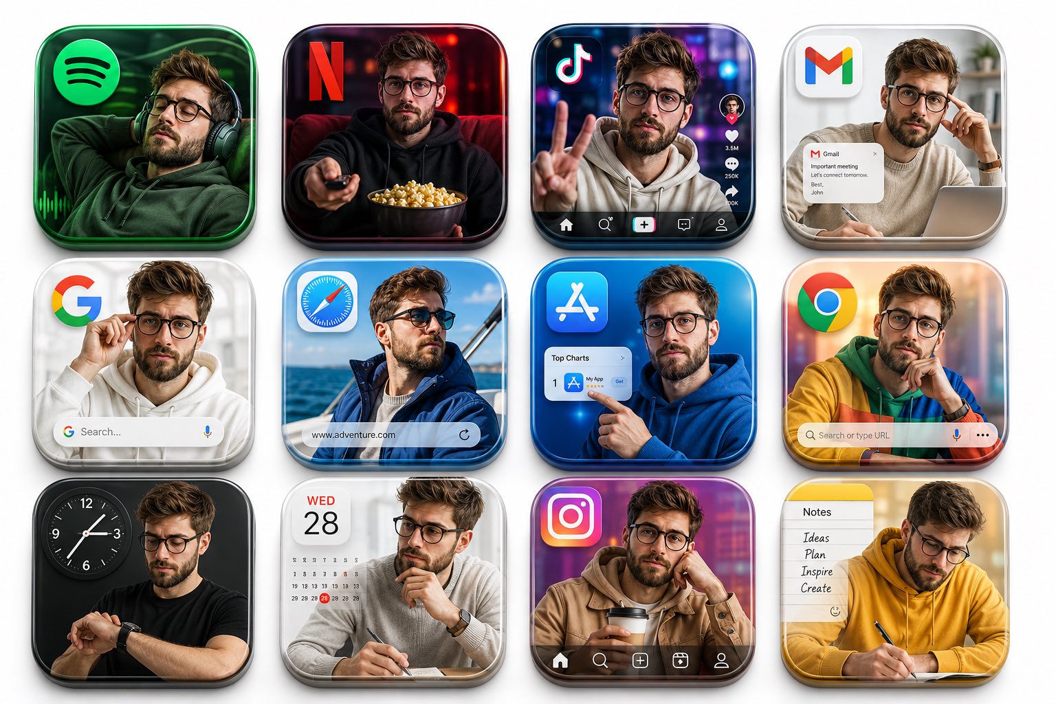高端3D应用图标网格人像设计 / Premium 3d App Icon Grid With Realistic Character，UI 与社交媒体截图，人像、电影感、时尚，案例输出图 1
