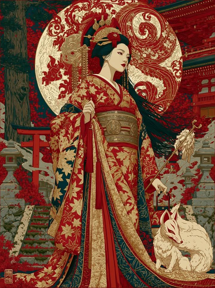浮世绘风格红金和服女子与九尾狐 / Ukiyo E Inspired Red Gold Kimono Woman Shrine Illustration,人像与摄影,人像、插画、城市视觉,案例输出图 1