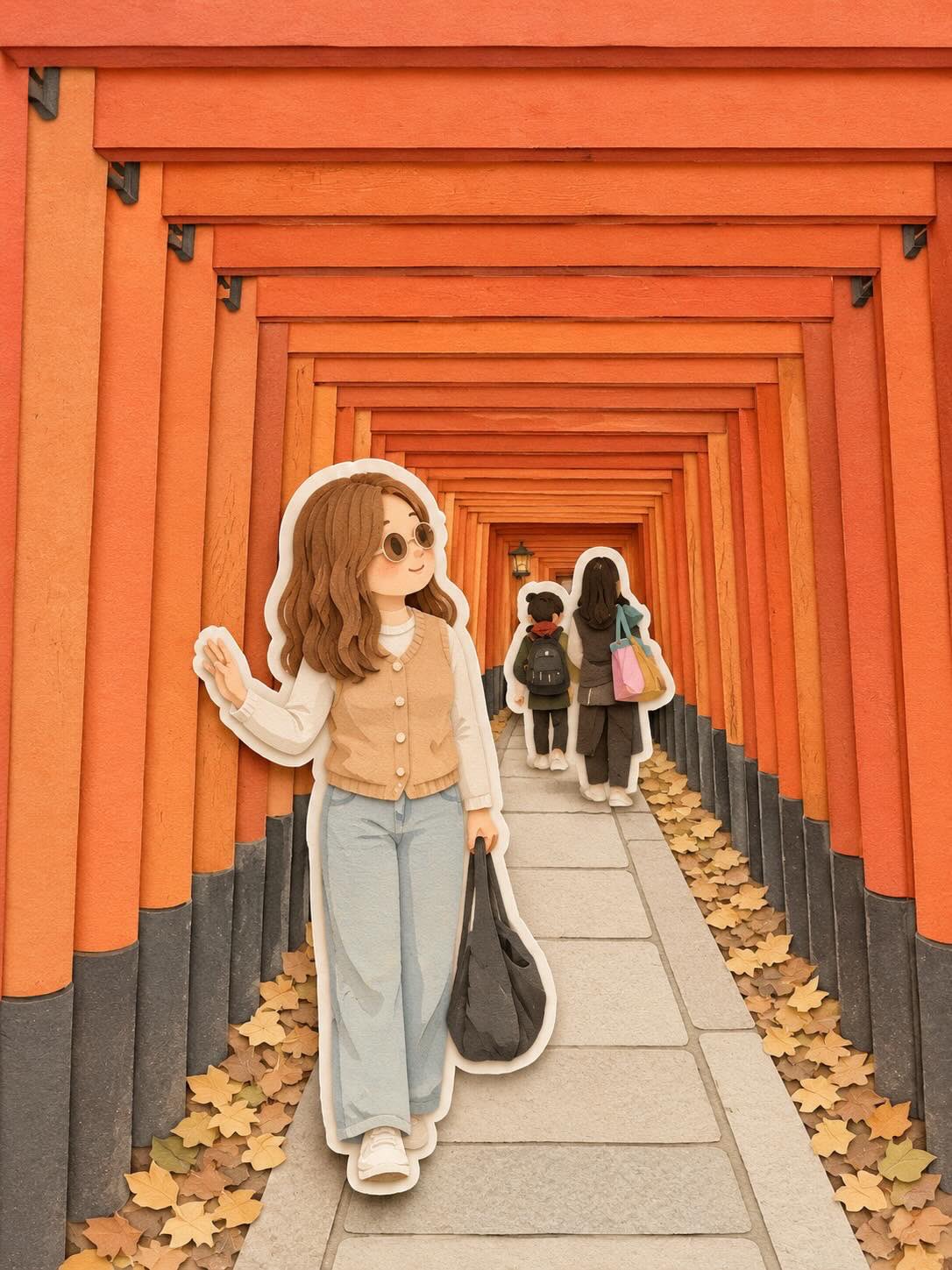 京都鸟居穿行动漫少女纸雕风 / Anime Girl Kyoto Torii Gates Papercraft Style，角色设计，人像、电影感、插画，案例输出图 1