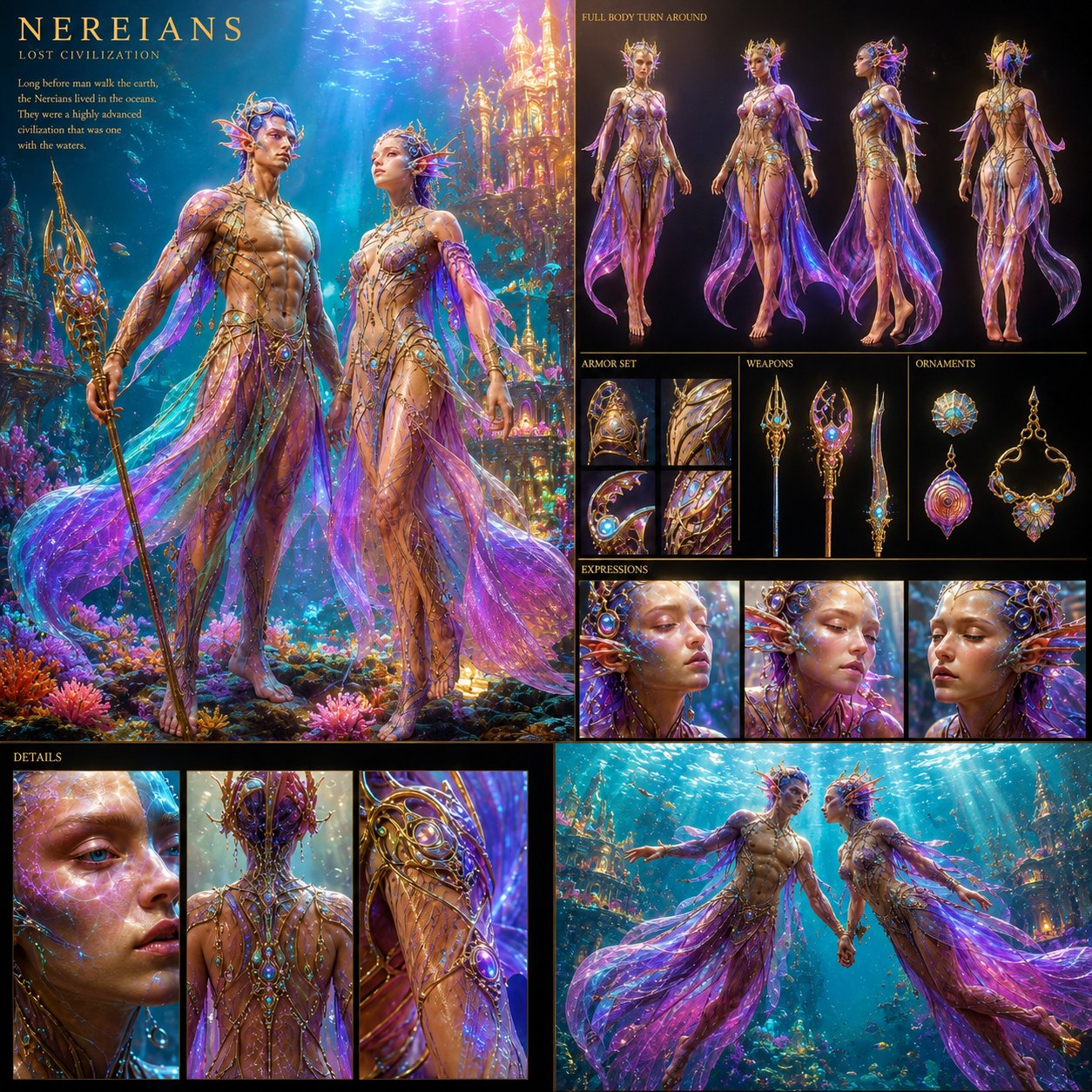 超现实失落海洋文明水下角色展示板 / Surreal Underwater Lost Civilization Character Board，角色设计，电影感、角色、角色设计，案例输出图 1