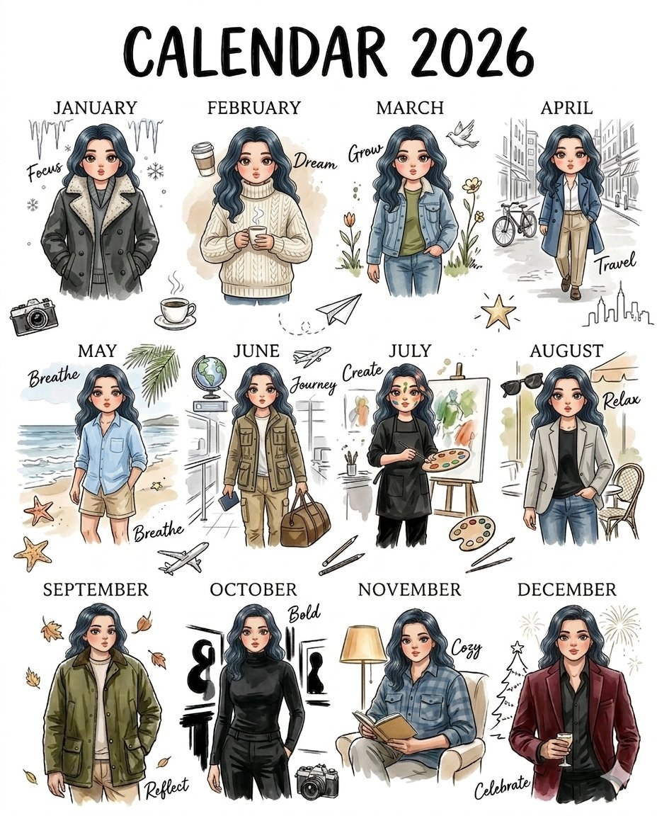 2026年可爱Q版少女12月月历海报 / 2026 Calendar Poster Chibi Female Character，角色设计，时尚、海报、角色，案例输出图 1