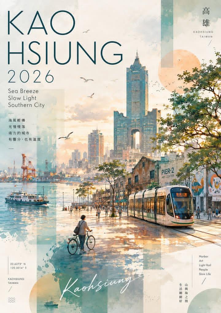 高雄台湾水彩拼贴旅行海报 / Kaohsiung Taiwan Watercolor Collage Travel Poster,角色设计,海报、插画、角色,案例输出图 1