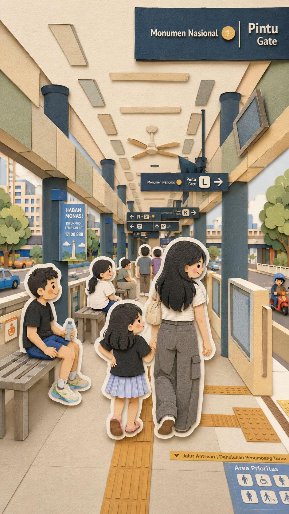 可爱家族旅行手工剪纸拼贴插画 / Kawaii Family Travel Paper Cut Collage Art，角色设计，人像、电影感、插画，案例输出图 2