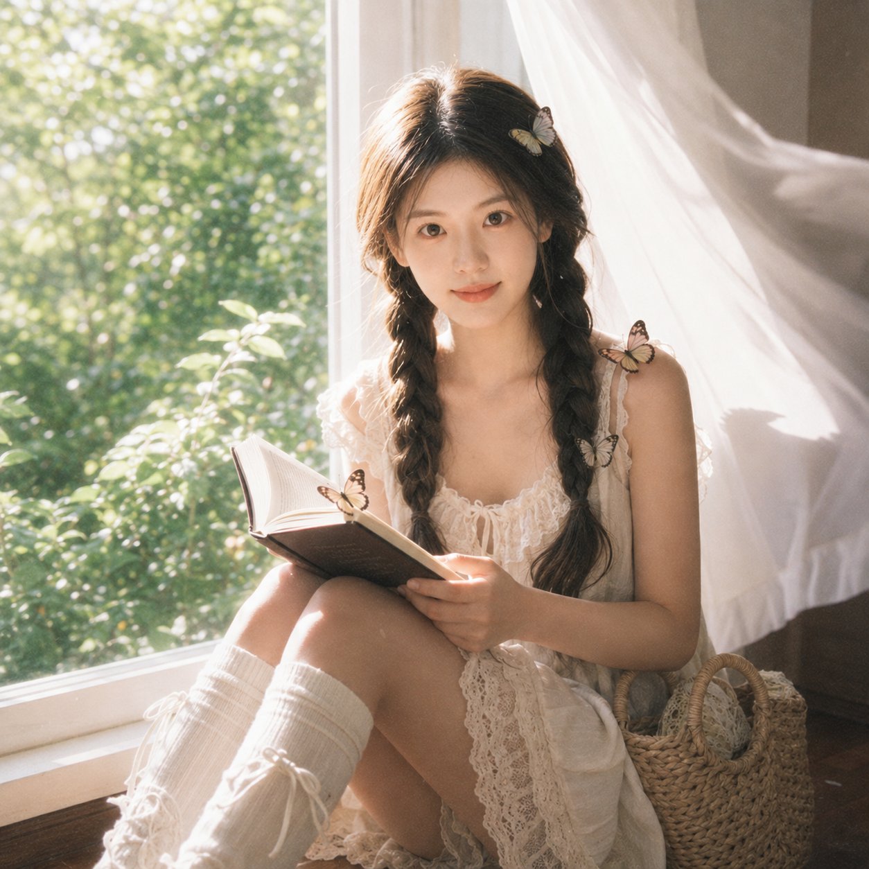 阳光窗边读书少女与蝴蝶梦幻胶片感 / Dreamy Film Photo Girl Reading By Window With Butterflies，角色设计，35mm、人像、电影感，案例输出图 1
