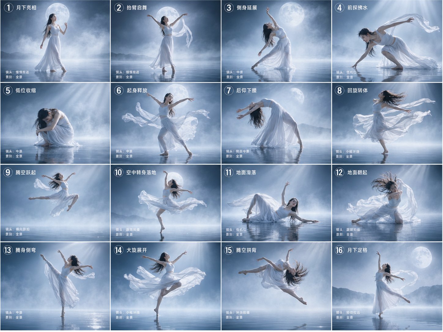 月光雾境空灵现代舞16宫格分镜故事板 / Ethereal Moonlight Mist Modern Dance Storyboard，角色设计，35mm、人像、电影感，案例输出图 1