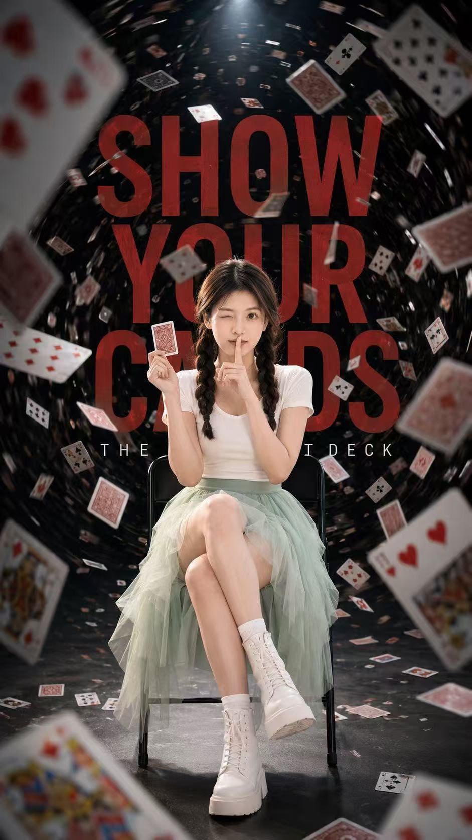 纸牌风暴时尚人像海报提示词 / Cinematic Playing Card Vortex Portrait Poster，角色设计，人像、电影感、时尚，案例输出图 1