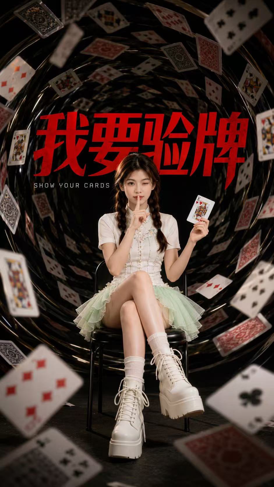 纸牌风暴时尚人像海报提示词 / Cinematic Playing Card Vortex Portrait Poster，角色设计，人像、电影感、时尚，案例输出图 2