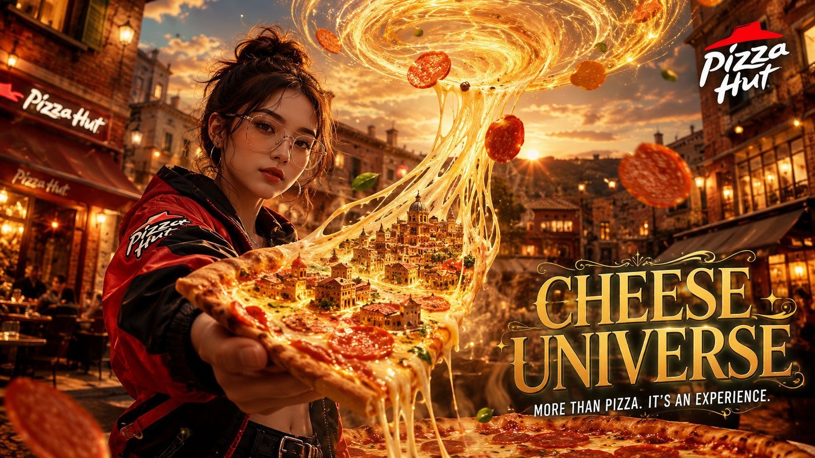 芝士宇宙超写实电影级美食大片 / Hyper Realistic Pizza Hut Cheese Universe Ad，人像与摄影，人像、电影感、城市视觉，案例输出图 1