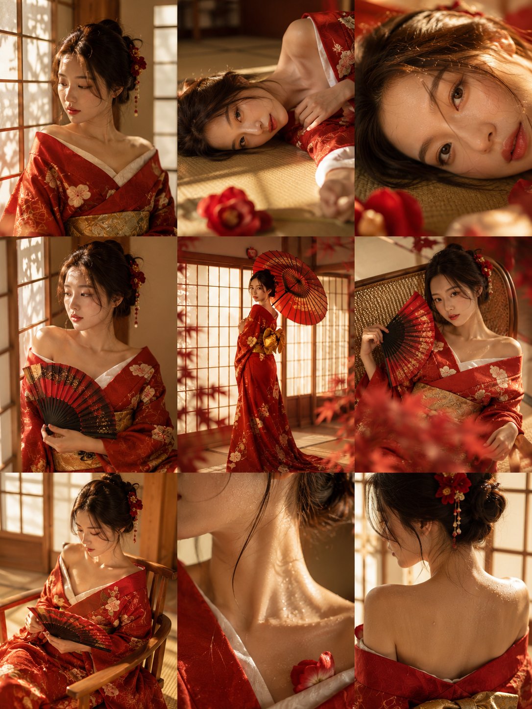 日式和室暖阳赤色和服商拍写真 / Japanese Washitsu Warm Light Crimson Kimono Portrait，角色设计，人像、电影感、时尚，案例输出图 1
