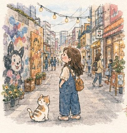 柔和水彩风少女与萌宠城市漫步 / Watercolor Anime Girl City Pets Exploration，角色设计，电影感、插画、角色，案例输出图 2