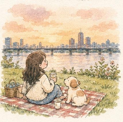 柔和水彩风少女与萌宠城市漫步 / Watercolor Anime Girl City Pets Exploration，角色设计，电影感、插画、角色，案例输出图 1