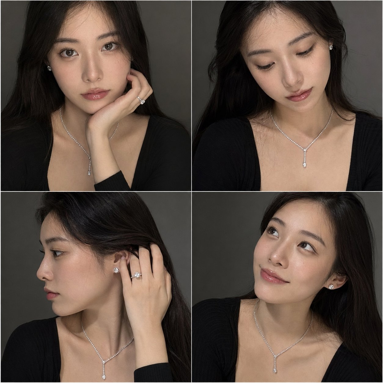 日本女性奢华珠宝自然手机质感四宫格人像 / Japanese Woman Luxury Jewelry 2x2 Portrait Grid，角色设计，人像、角色、城市视觉，案例输出图 1
