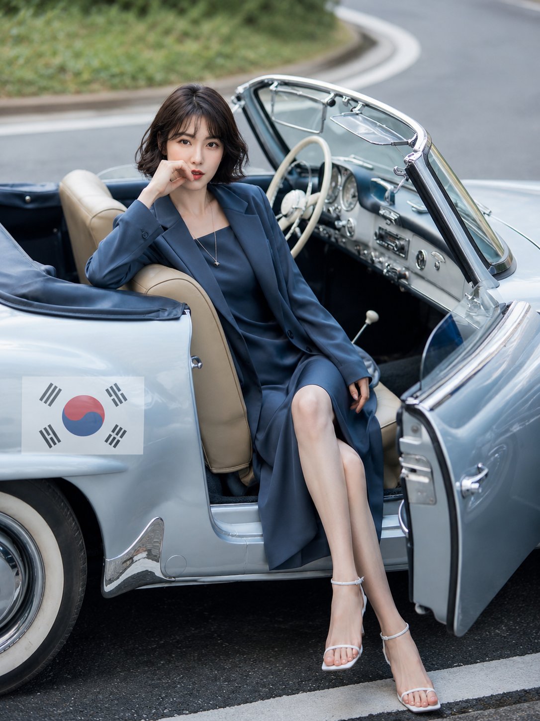 复古敞篷车内的优雅日本女性时尚肖像 / Japanese Woman Vintage Convertible Luxury Fashion Portrait,人像与摄影,人像、电影感、时尚,案例输出图 1