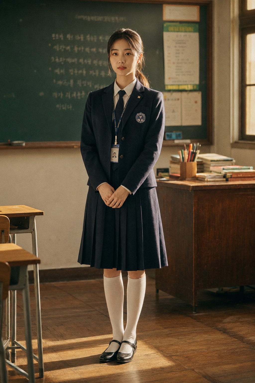 韩国高中校服少女教室侧影写真 / Ultra Realistic Korean High School Uniform Portrait,人像与摄影,35mm、人像、人像与摄影,案例输出图 1