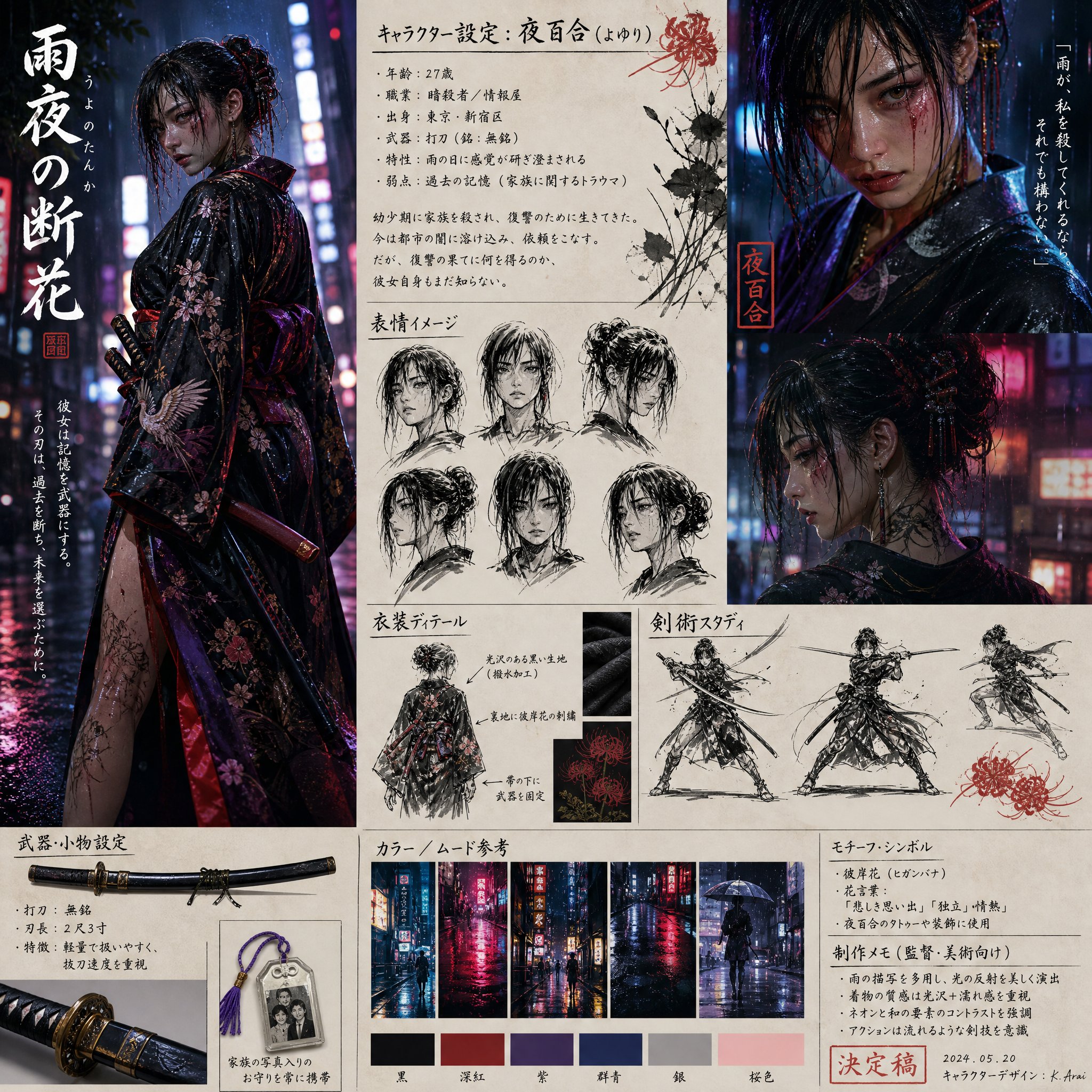 日本新黑色电影女刺客角色板 / Japanese Neo Noir Female Assassin Character Board,角色设计,霓虹、人像、电影感,案例输出图 1
