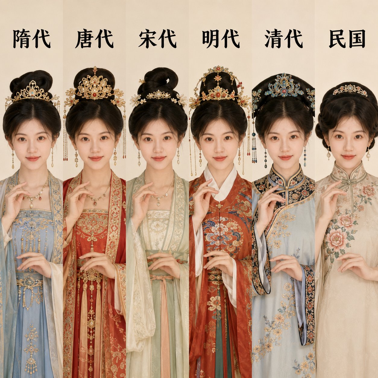 中国历代服饰六宫格人像拼图 / Chinese Dynasty Fashion Collage Portrait,人像与摄影,人像、时尚、角色,案例输出图 1