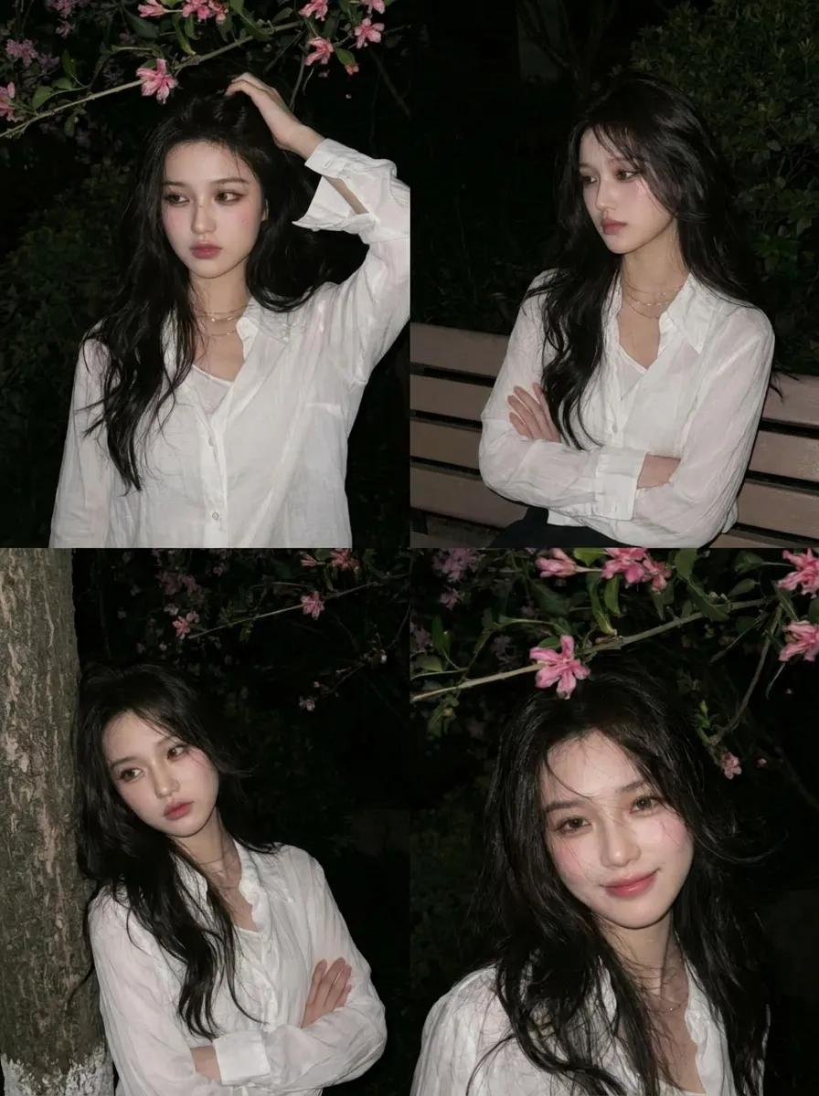 真实肤质深夜花丛手机闪光灯抓拍 / Realistic Candid Mobile Photo Asian Woman Night，人像与摄影，人像、电影感、人像与摄影，案例输出图 1