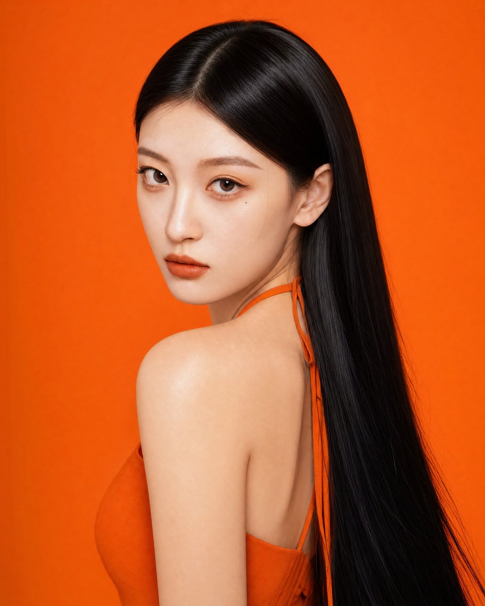 橙色丝绸裙东亚女性特写人像 / East Asian Woman Orange Silk Dress Beauty Portrait,人像与摄影,人像、电影感、时尚,案例输出图 1