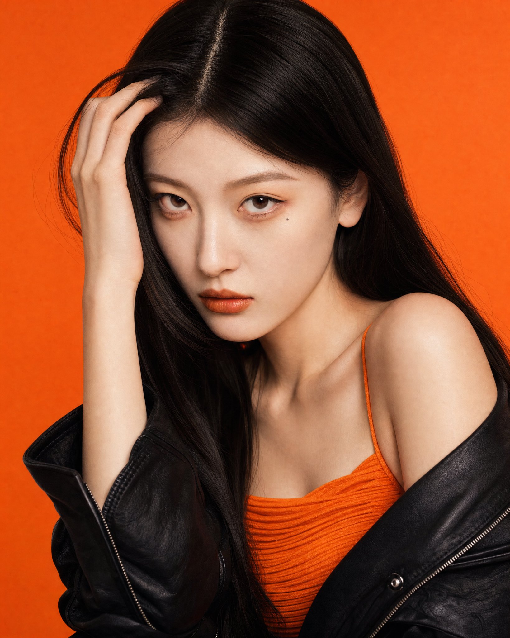 橙色丝绸裙东亚女性特写人像 / East Asian Woman Orange Silk Dress Beauty Portrait，人像与摄影，人像、电影感、时尚，案例输出图 2