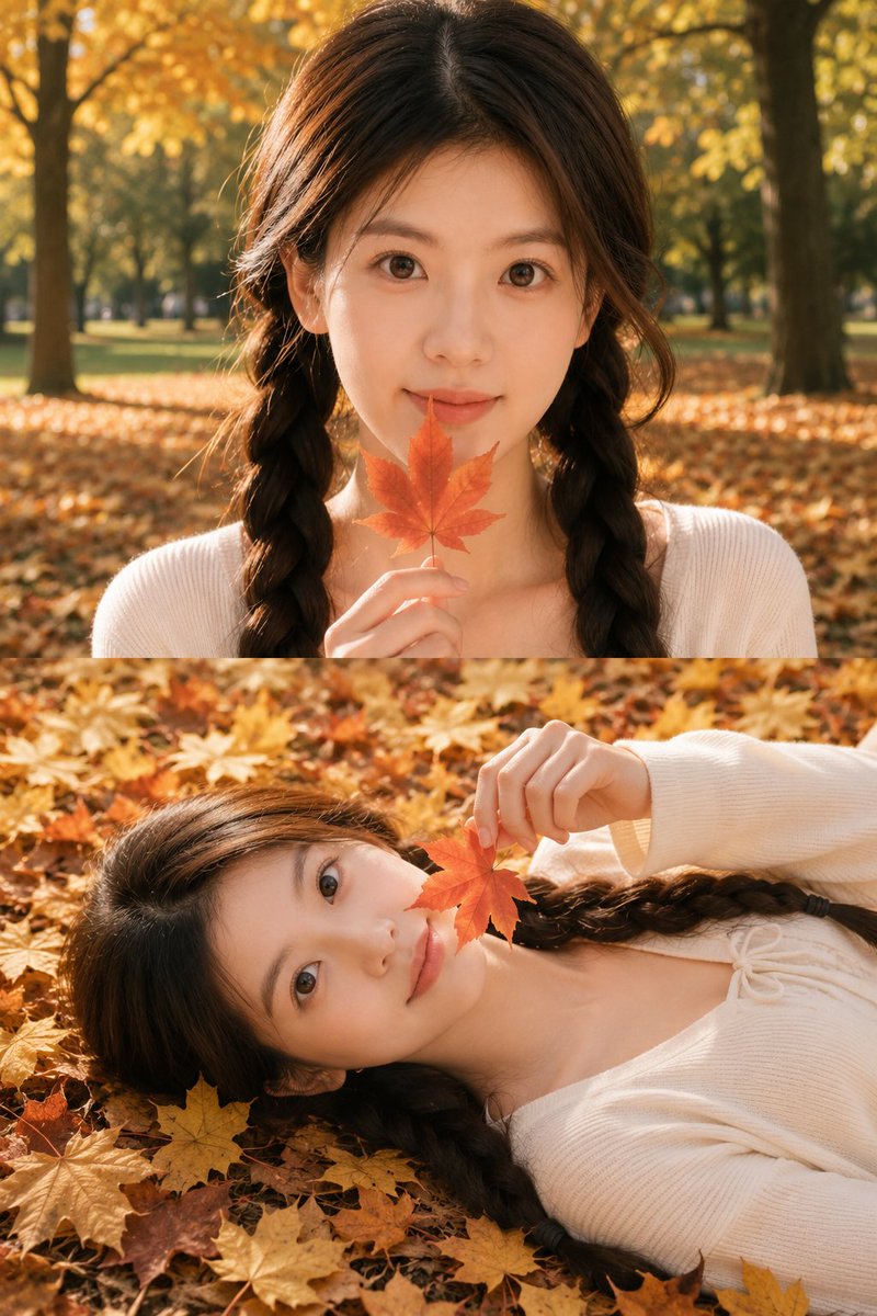 真实秋季公园人像拼图写实摄影 / Realistic Autumn Park Portrait Collage Photography，角色设计，35mm、人像、电影感，案例输出图 1