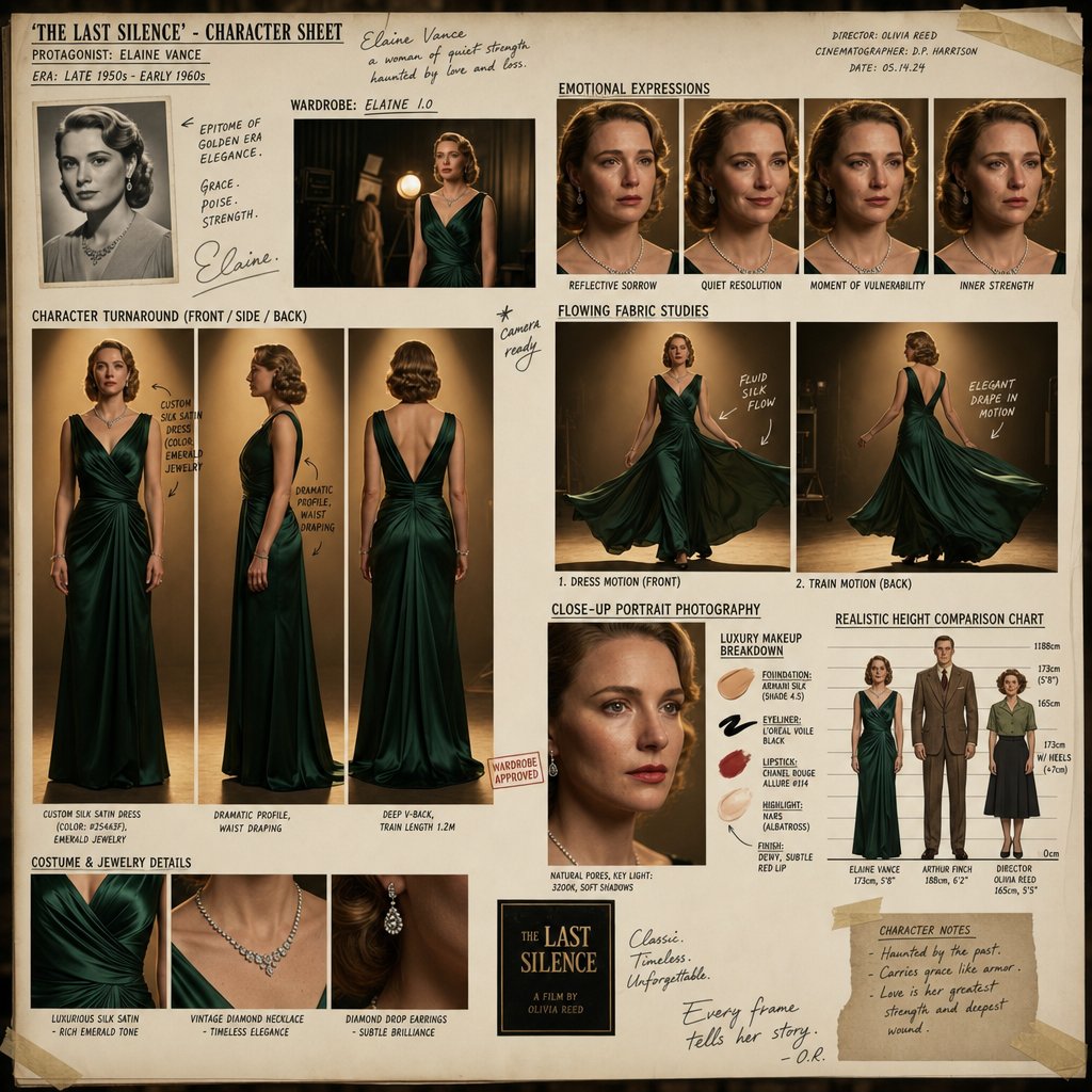 奥斯卡级别好莱坞电影女性角色设计图 / Ultra Premium Cinematic Character Sheet Hollywood Drama,模型对比与社区,35mm、人像、电影感,案例输出图 1