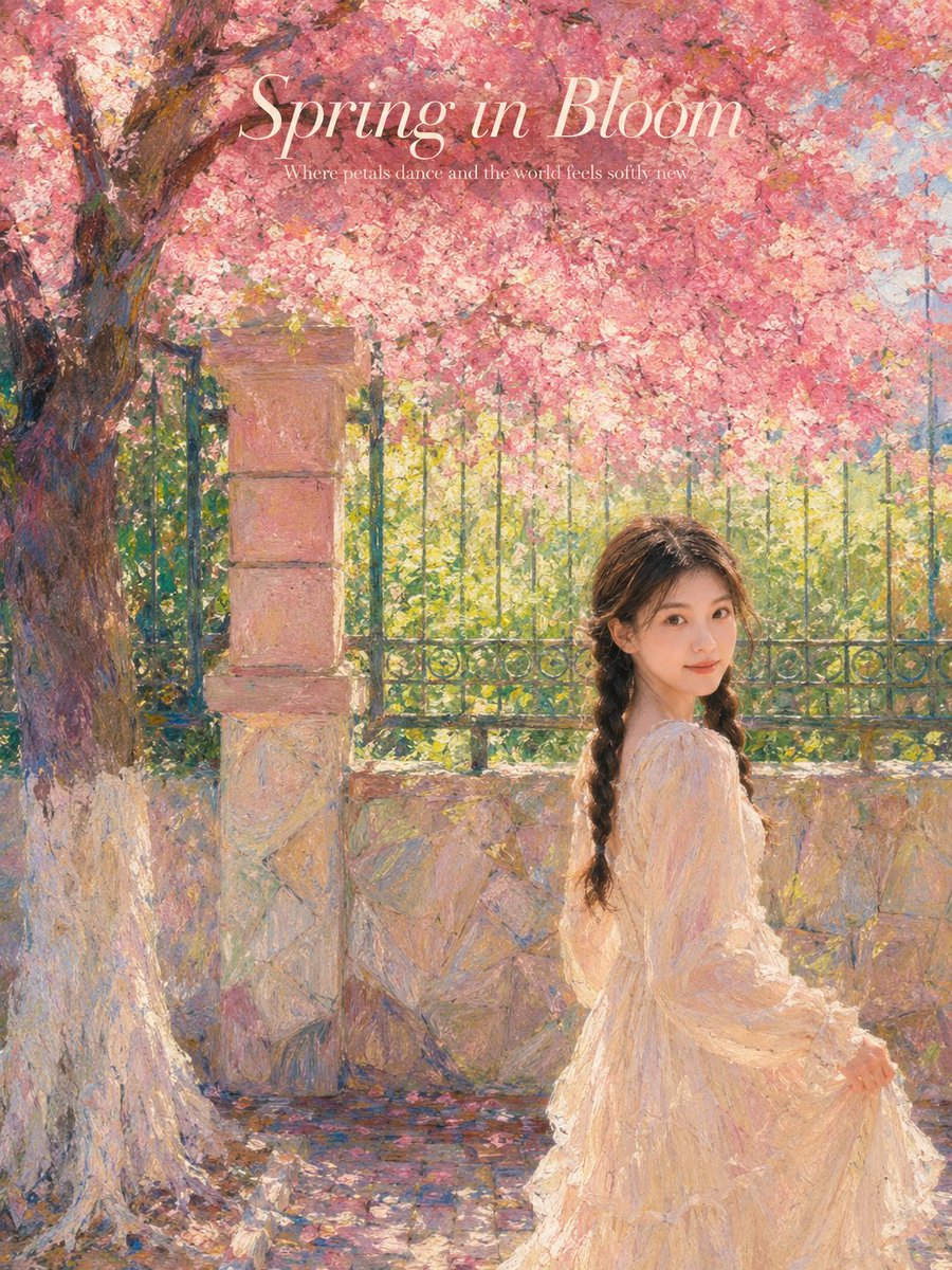 梦幻春季樱花印象派油画人像海报 / Dreamy Spring Garden Impressionist Portrait Poster，角色设计，人像、电影感、时尚，案例输出图 1