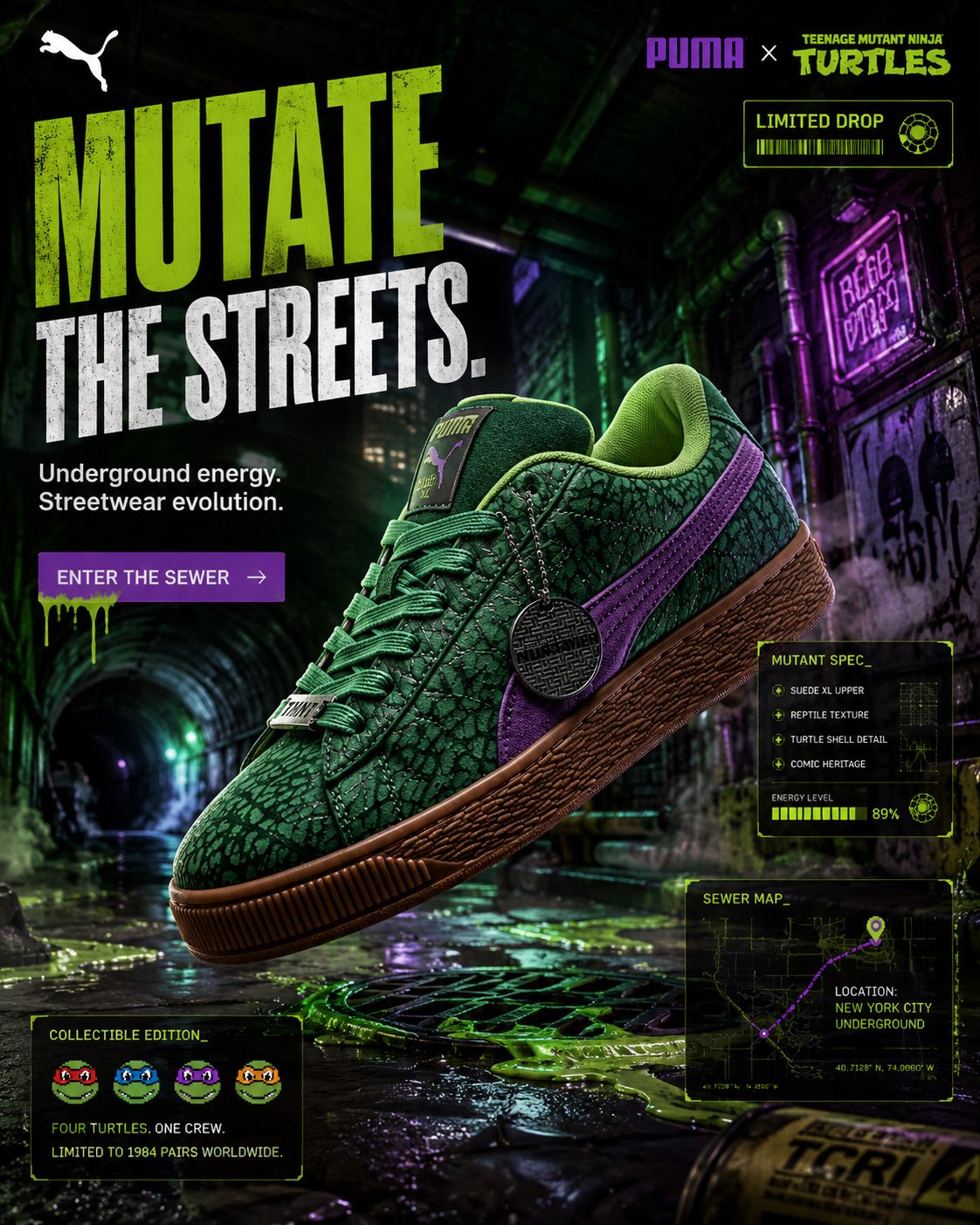PUMA忍者神龟联名高端街头球鞋广告 / Puma Tmnt Sneaker Smm Campaign Prompt，UI 与社交媒体截图，霓虹、电影感、时尚，案例输出图 1