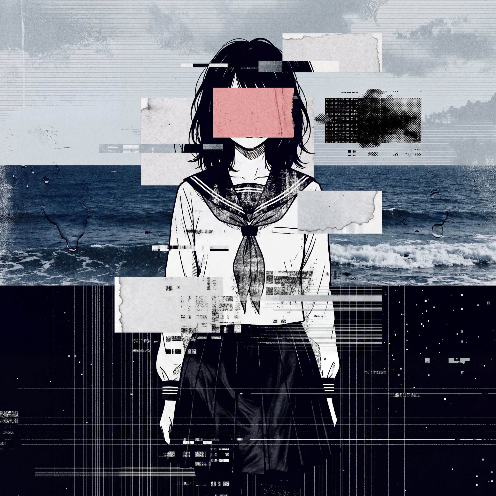 赛博故障艺术水手服少女数字拼贴 / Cyber Glitch Manga Girl Digital Collage Prompt,角色设计,35mm、插画、角色,案例输出图 1