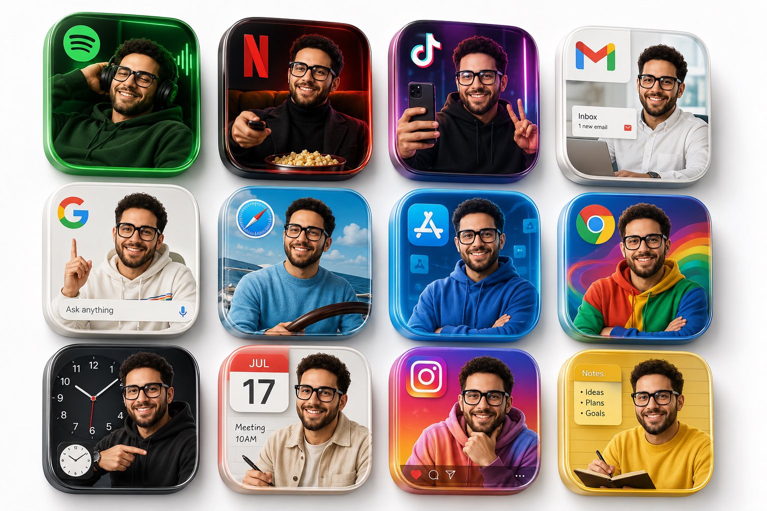 高级3D写实应用图标12宫格设计 / Premium 3d Grid App Icons Realistic Man Styling,UI 与社交媒体截图,电影感、时尚、UI,案例输出图 1