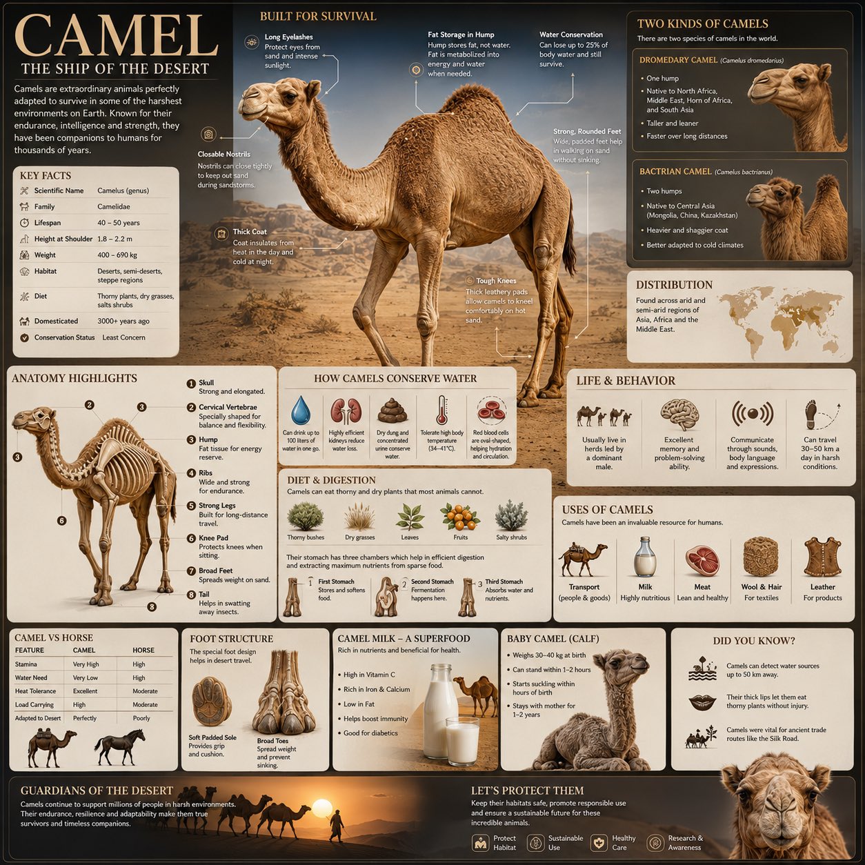 高级骆驼沙漠生存手册百科全书参考页 / Premium Camel Wildlife Infographic Handbook Page,模型对比与社区,电影感、时尚、海报,案例输出图 1