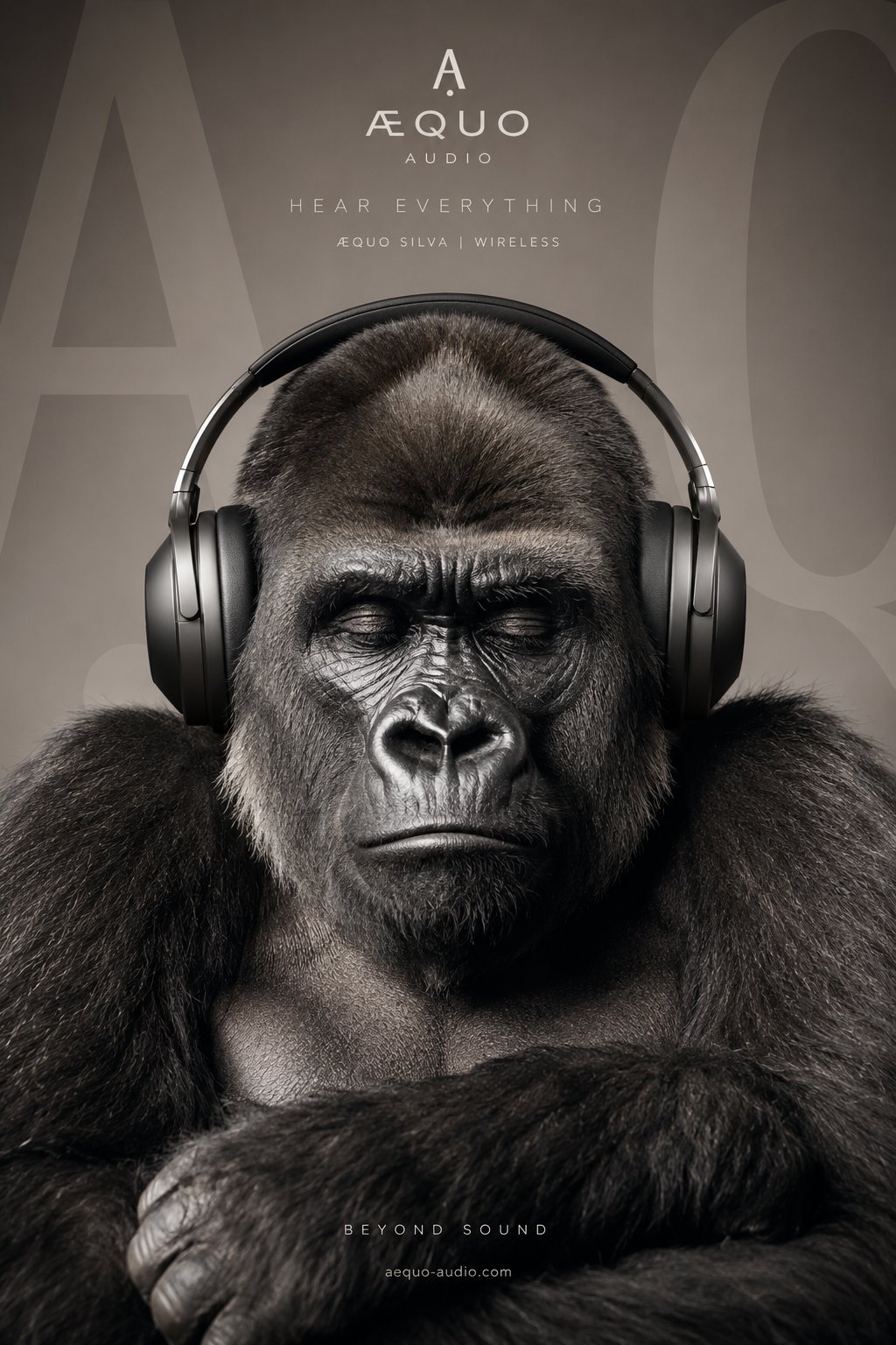 超写实豪华音频海报银背大猩猩 / Ultra Realistic Luxury Audio Gorilla Headphones，人像与摄影，人像、电影感、海报，案例输出图 2