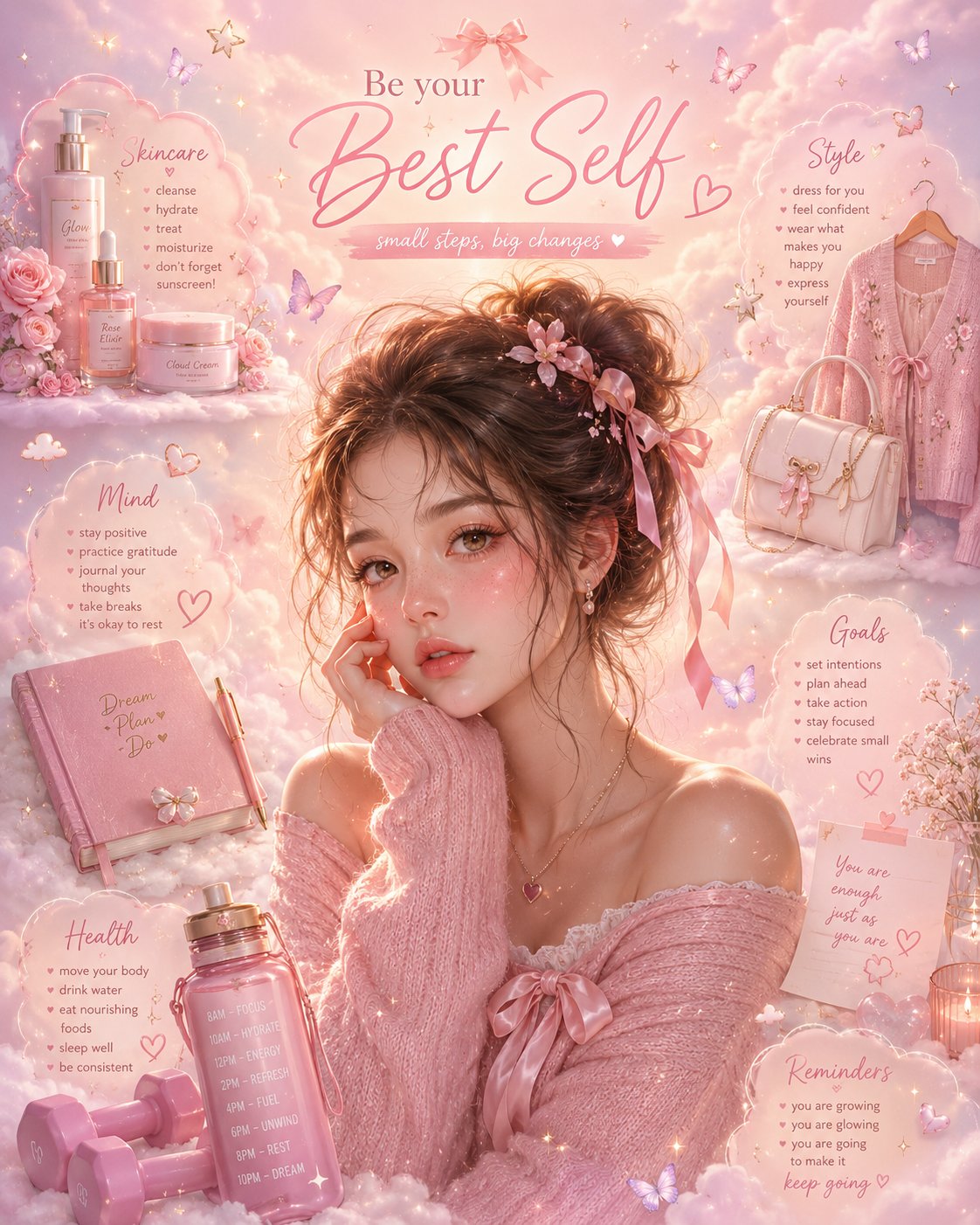 梦幻感柔和少女审美海报插画 / Dreamy Soft Girl Aesthetic Poster Infographic，人像与摄影，人像、电影感、海报，案例输出图 1