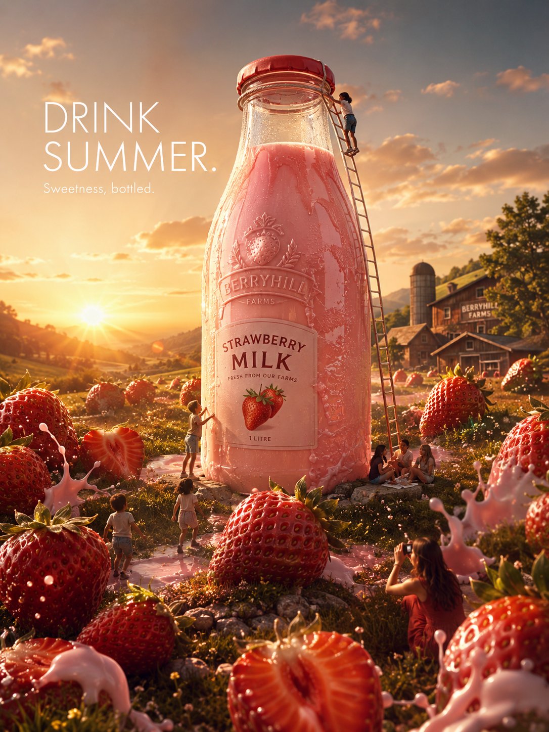 草莓牛奶巨型装置奢华快消视觉大片 / Luxury Strawberry Milk Fmcg Ad Campaign Concept，UI 与社交媒体截图，电影感、插画、UI，案例输出图 1