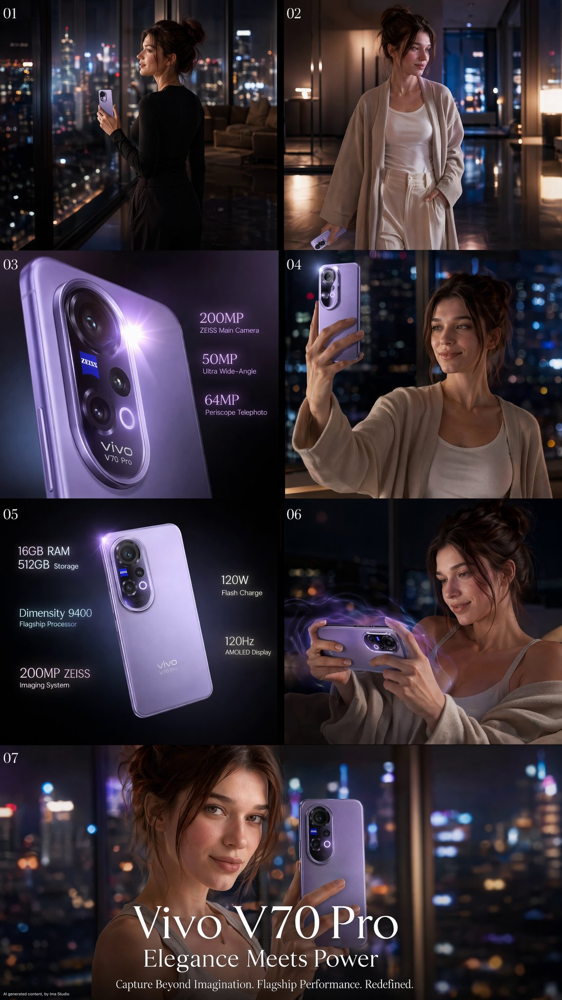 Vivo V70 Pro 奢华时尚商业广告 / Vivo V70 Pro Luxury Fashion Editorial Ugc Prompt，人像与摄影，35mm、霓虹、人像，案例输出图 1