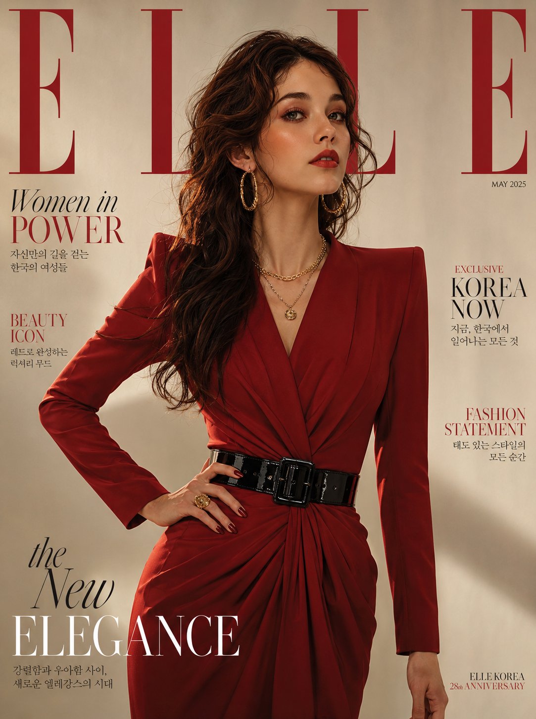红裙自信韩国女性奢华杂志封面图 / Ultra Realistic Korean Woman Elle Magazine Cover，角色设计，电影感、时尚、角色，案例输出图 1