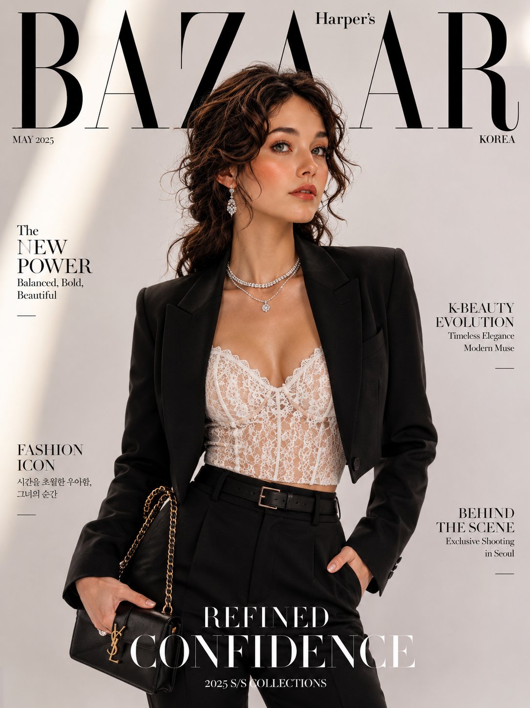 红裙自信韩国女性奢华杂志封面图 / Ultra Realistic Korean Woman Elle Magazine Cover，角色设计，电影感、时尚、角色，案例输出图 2