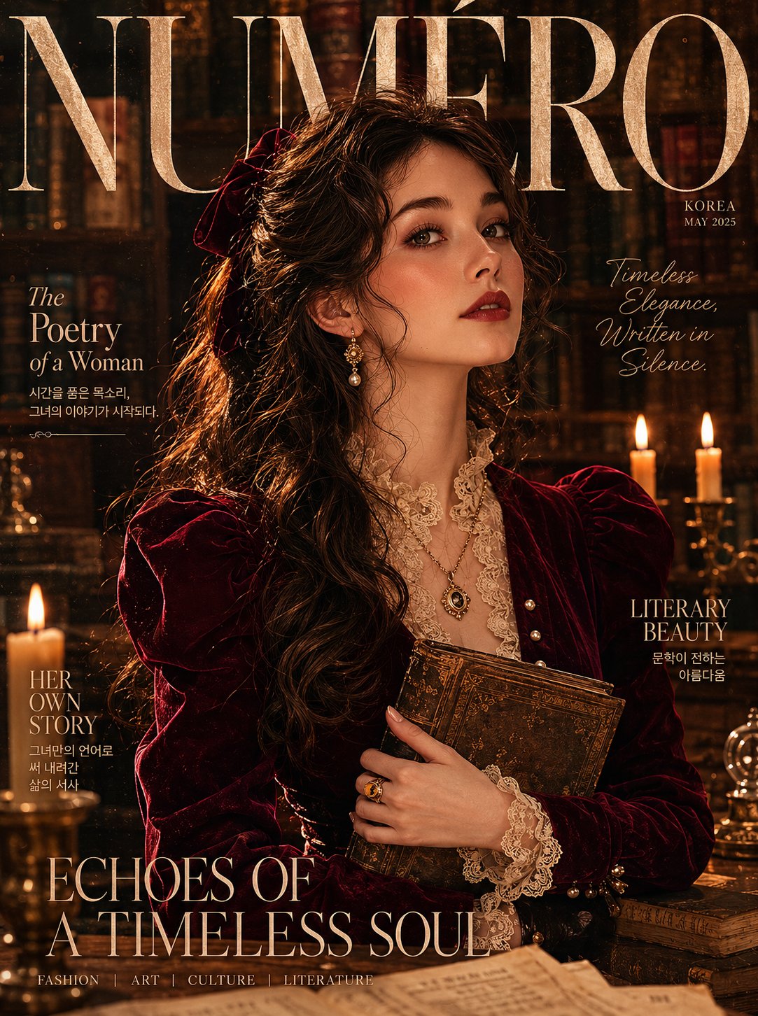 维多利亚风格韩国女性文学杂志封面 / Luxury Literary Magazine Korean Woman Victorian Velvet Dress,人像与摄影,人像、电影感、时尚,案例输出图 1