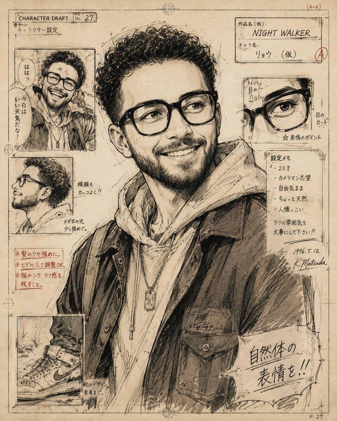 90年代复古日漫草稿风艺术人像 / Vintage 90s Manga Draft Style Portrait Illustration，角色设计，人像、电影感、时尚，案例输出图 1