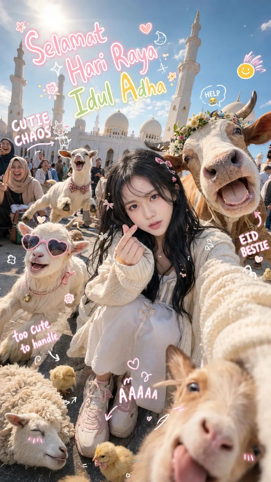 梦幻清真寺古尔邦节可爱动物乱入自拍 / Eid Al Adha Cute Animal Selfie Mosque Aesthetic，角色设计，人像、电影感、插画，案例输出图 2