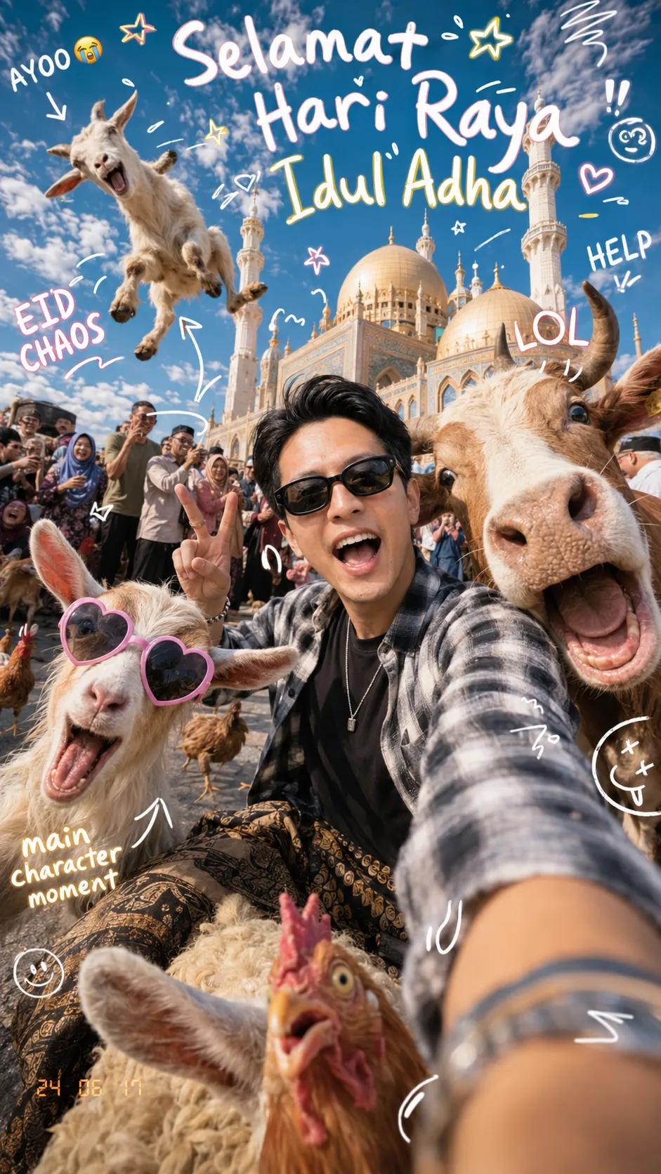 梦幻清真寺古尔邦节可爱动物乱入自拍 / Eid Al Adha Cute Animal Selfie Mosque Aesthetic，角色设计，人像、电影感、插画，案例输出图 1