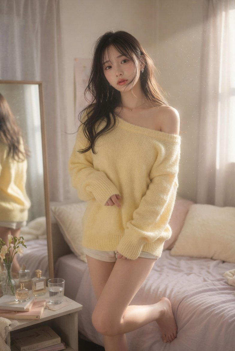 唯美日系少女卧室全景写真 / Beautiful Japanese Idol Bedroom Full Body Portrait，人像与摄影，35mm、人像、极简，案例输出图 1