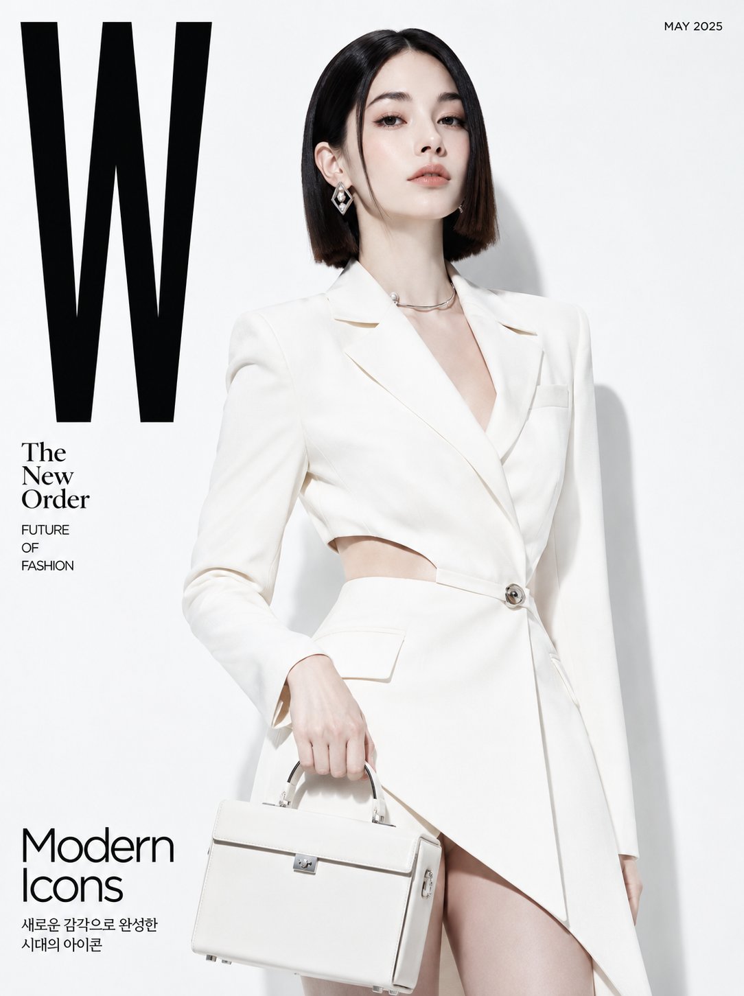 极简主义白色建筑感韩系女性杂志封面 / Ultra Realistic Korean Woman Magazine Cover White Blazer Dress，角色设计，时尚、角色、二次元，案例输出图 1
