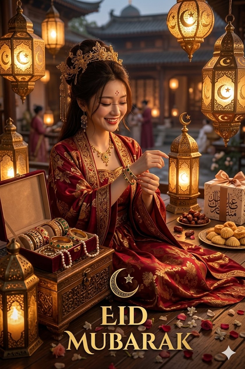 华丽红金丝绸礼服东亚女性开斋节庆典 / East Asian Woman Eid Celebration Ornate Silk Gown，人像与摄影，人像、电影感、人像与摄影，案例输出图 1