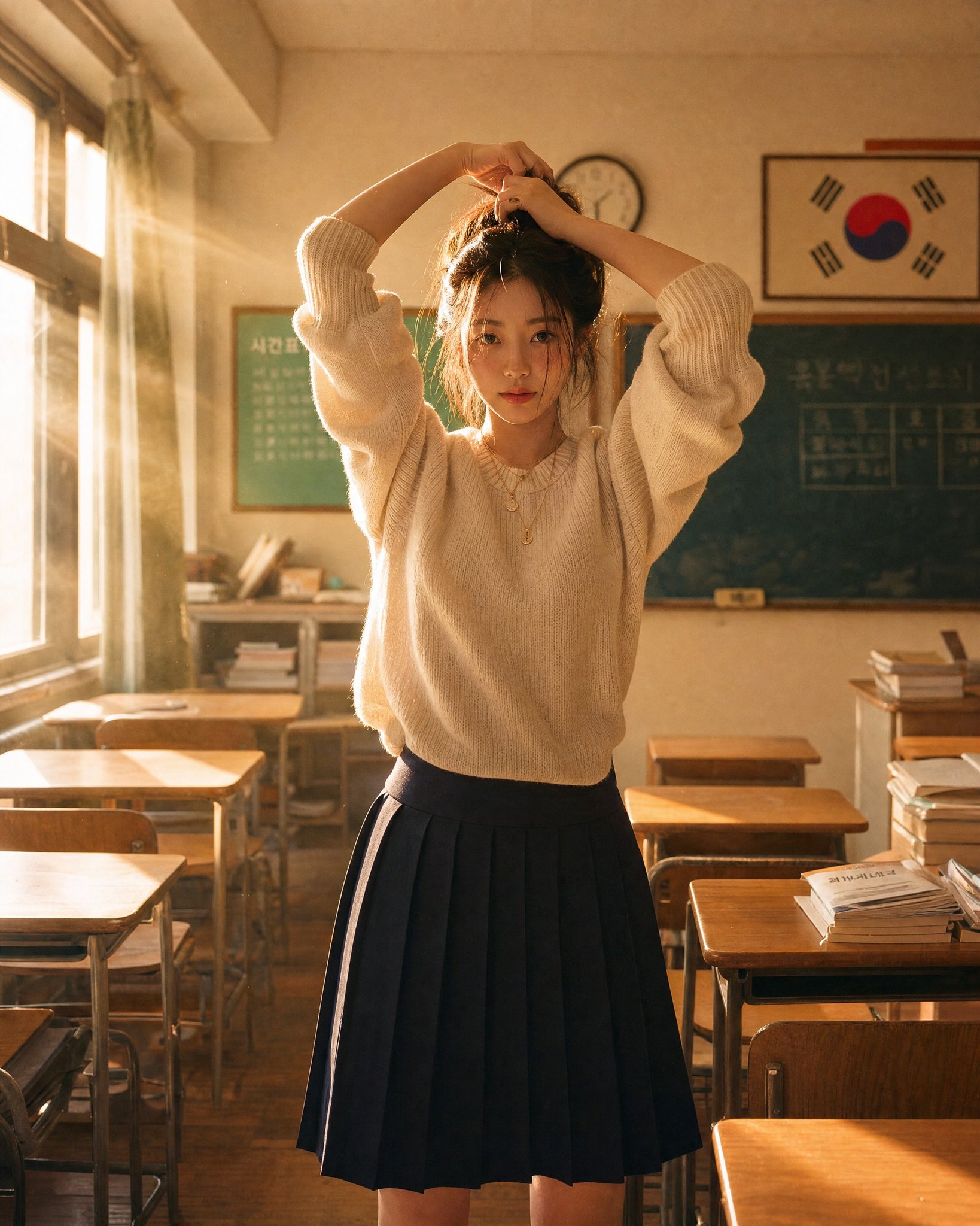 超现实韩国女性黑板写字肖像 / Surrealist Korean Woman Chalkboard Portrait,角色设计,35mm、人像、电影感,案例输出图 1