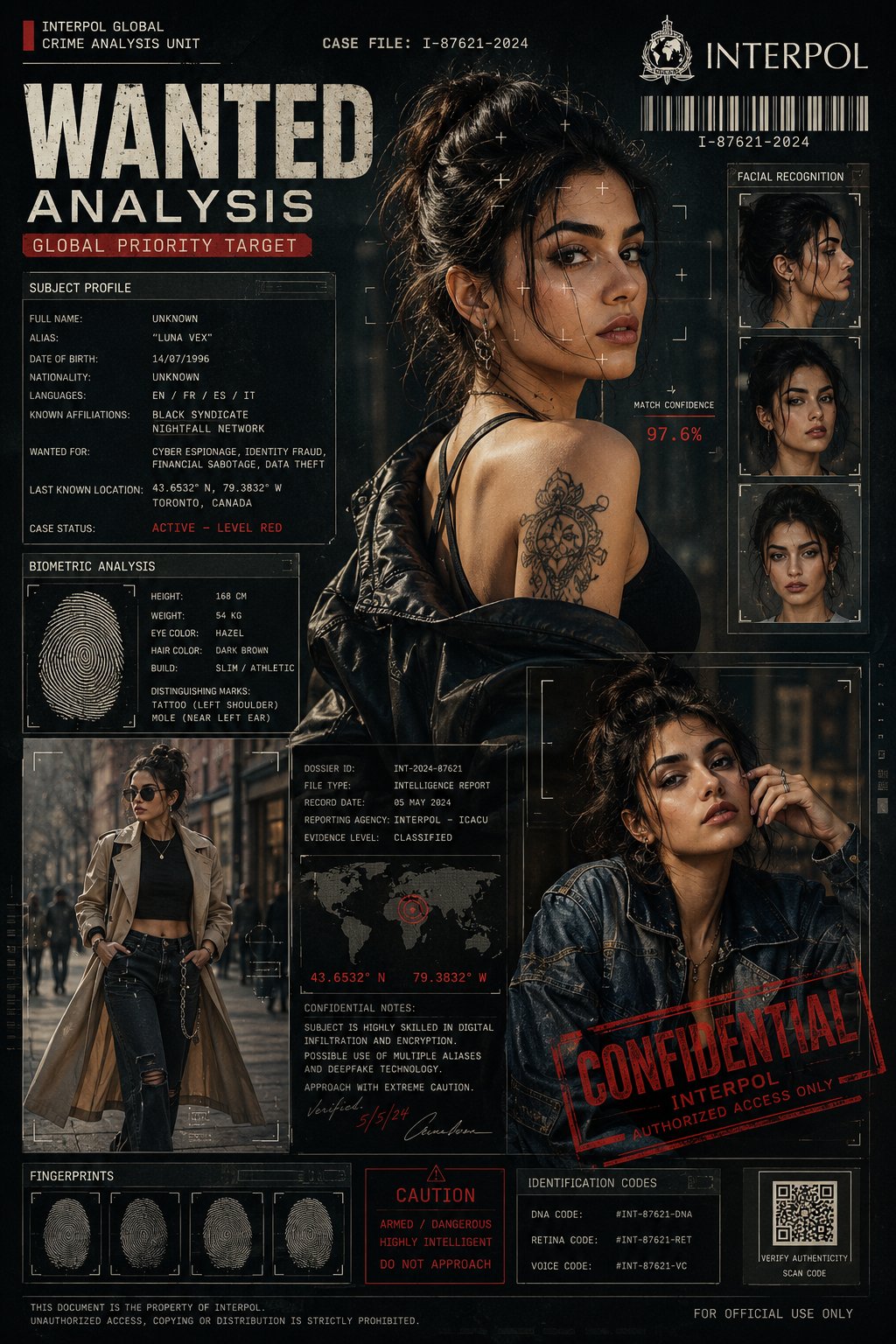 现代国际刑警通缉分析风格时尚海报 / Modern Interpol Wanted Analysis Fashion Poster，UI 与社交媒体截图，电影感、时尚、海报，案例输出图 1