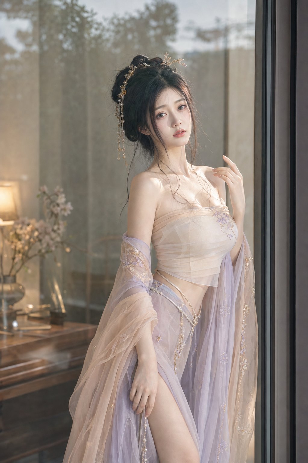 玻璃叠影夏日古风女性写真 / Glass Reflection Summer Hanfu Portrait，角色设计，人像、电影感、角色，案例输出图 1
