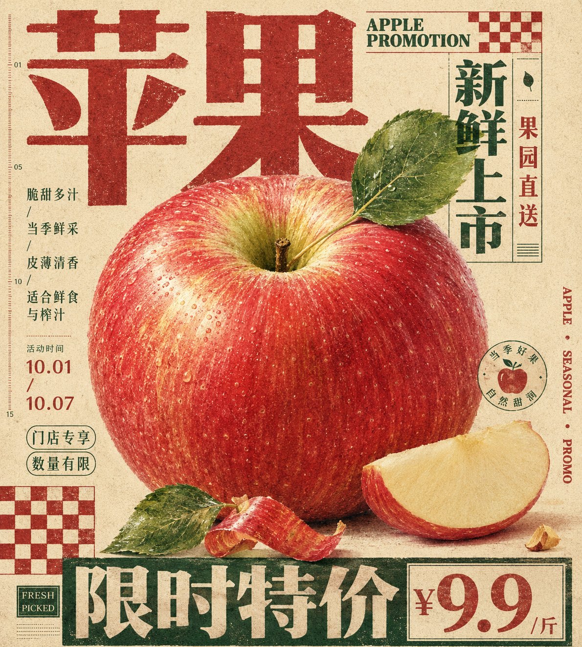 苹果促销海报复古印刷版式设计 / Apple Promotion Vintage Print Poster Layout，海报与插画，时尚、海报、插画，案例输出图 1