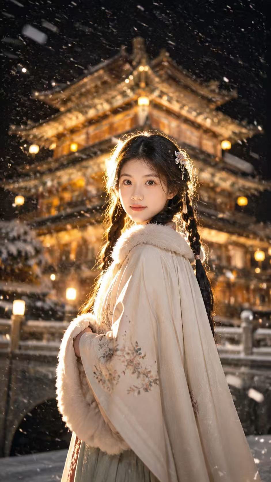 东亚古风雪夜电影感唯美人像 / Cinematic Winter East Asian Temple Portrait，角色设计，人像、电影感、时尚，案例输出图 1