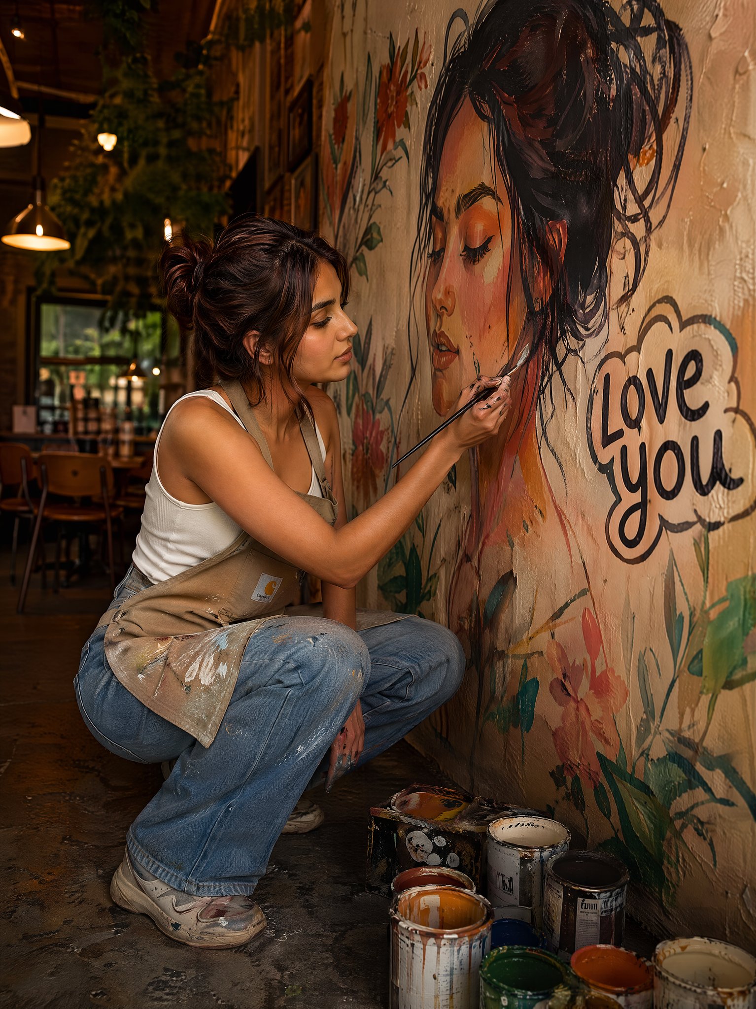 咖啡馆创作大型壁画的写实社论肖像 / Realistic Editorial Portrait Cafe Mural Painting，人像与摄影，人像、电影感、时尚，案例输出图 1