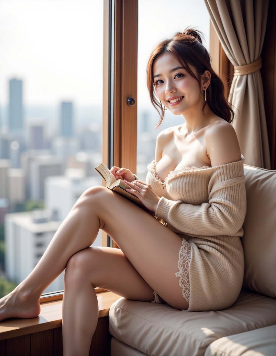 窗边优雅女性慵懒都市街景氛围 / Elegant Woman Window Seat Cityscape Golden Hour，海报与插画，海报、插画、城市视觉，案例输出图 1